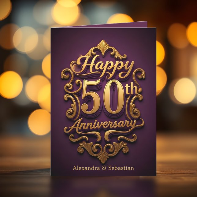 Carte Élégant 50e anniversaire de Mariage violet et or (Créateur téléchargé)