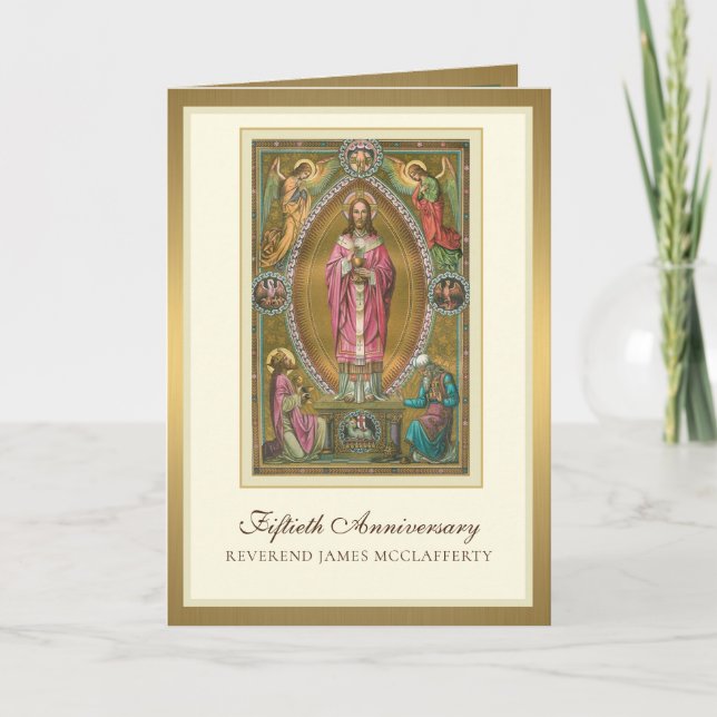 Carte Élégant 50e anniversaire Ordination Prêtre Jésus (Devant)