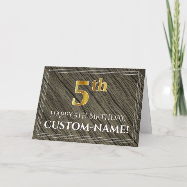 Carte Elégant 5ème anniversaire : Faux Wood, Faux Gold L (Devant)