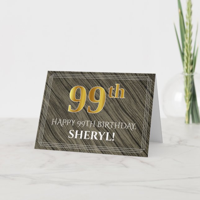 Carte Elégant 99ème anniversaire : Faux Wood, Faux Gold  (Devant)