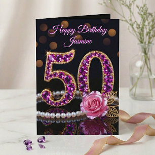 Carte Élégant Améthyste Violet Perle Or 50ème Anniversai