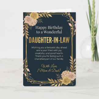 Carte Élégant Anniversaire Fille de Loi Navy Or Floral