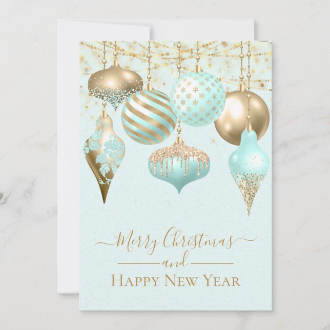 Carte Elégant Aqua Gold Ornamy Joyeux Noël Card (Devant)