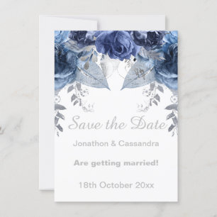 CARTE ÉLÉGANT ARGENT BLEU FLORAL BLUE SAUVER LA DATE