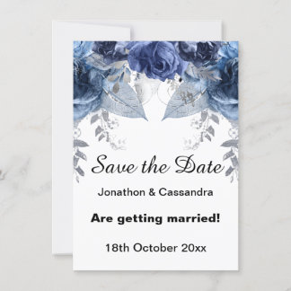 CARTE ÉLÉGANT ARGENT BLEU FLORAL MARINE SAUVER LA DATE