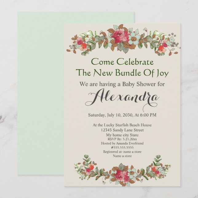 Carte Elégant Baby shower vert à la menthe florale Eucal (Devant / Derrière)