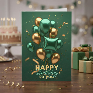 Carte Élégant Ballons 3D Vert Émeraude Anniversaire Or