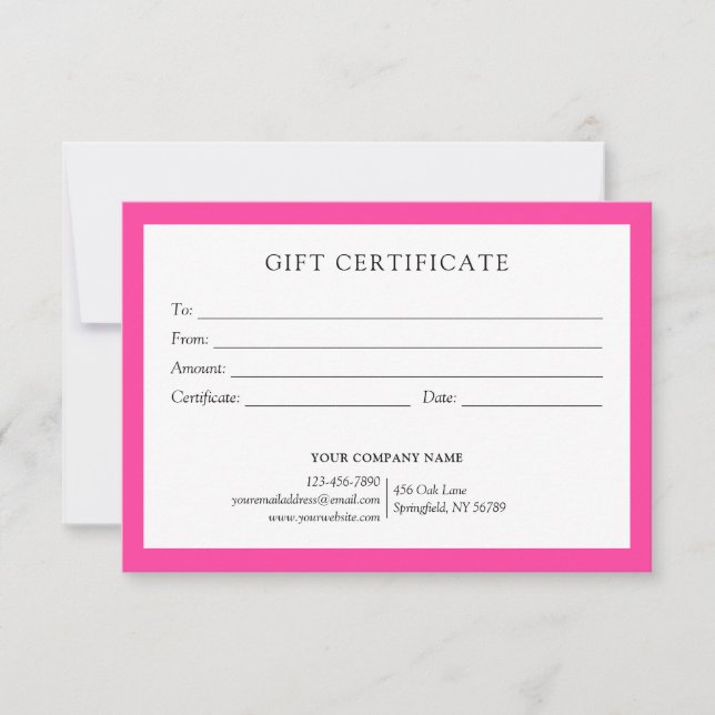 Carte Élégant Bight Pink Business Certificat Cadeau Logo (Devant)
