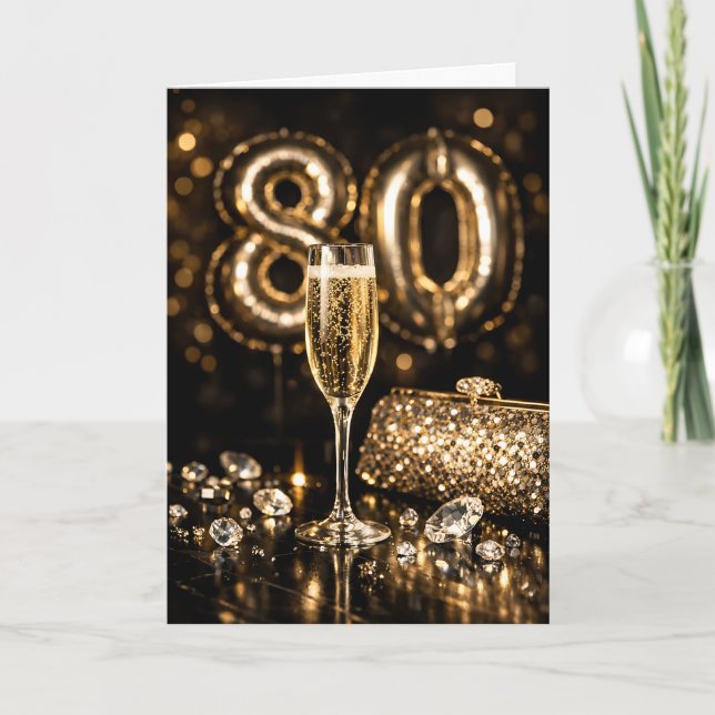 Carte Elegant Black & Gold Champagne 80th Birthday (Devant)
