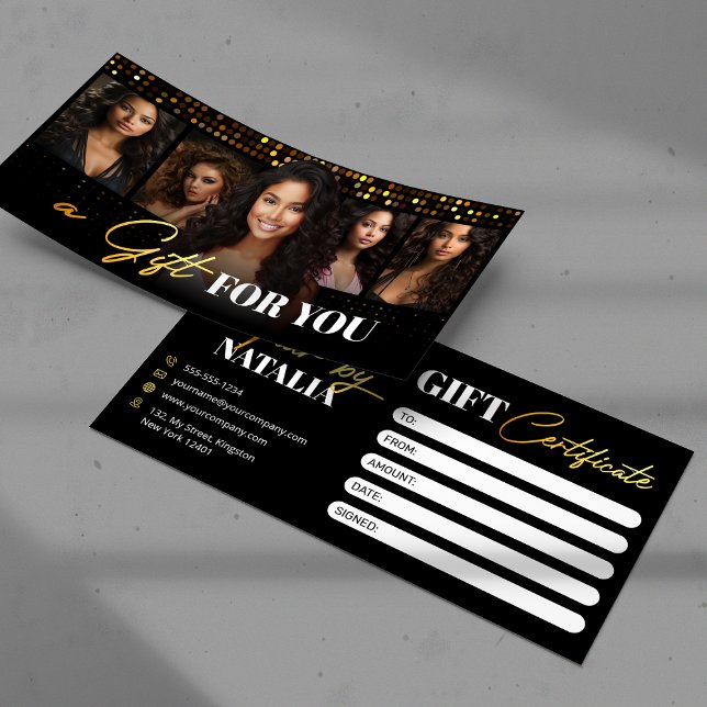 Carte Élégant Black Gold Hair Salon Certificat cadeau (Créateur téléchargé)