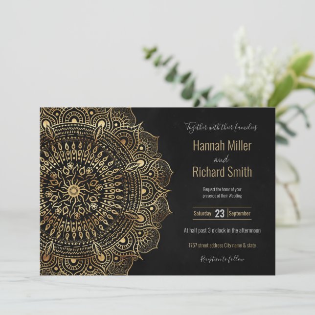 Carte Elégant Black Gold Mandala Floral Design (Debout devant)
