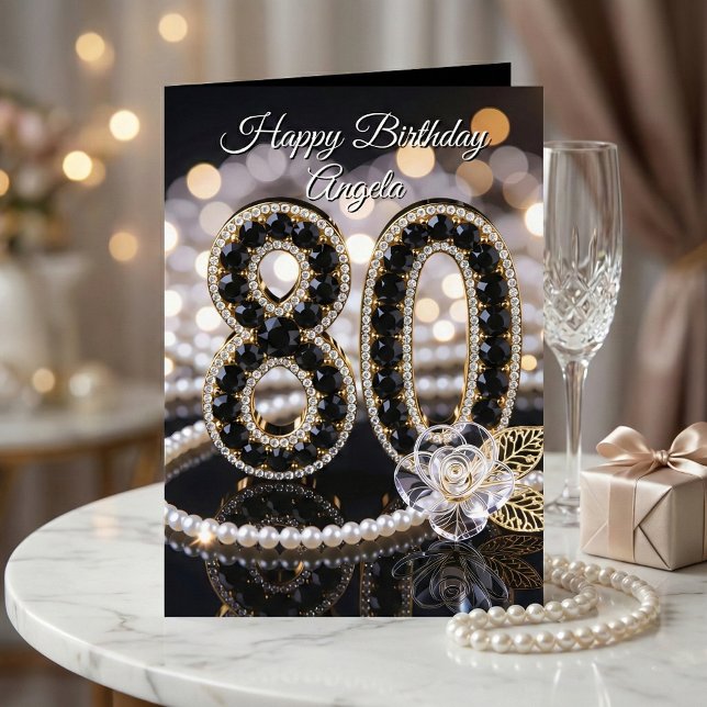 Carte Elegant Black Gold Pearl Diamond 80th Birthday (Créateur téléchargé)