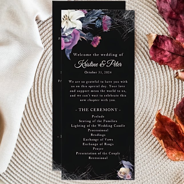 Carte Élégant Black Gothic Floral Skull Wedding Programm (Créateur téléchargé)