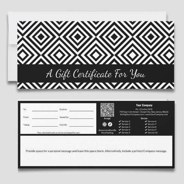 Carte Élégant Black White Carrelage Motif Certificat cad (Elegant Black White Tile Pattern Gift Certificate, QR-code, Terms, Track-ID, Write Note)