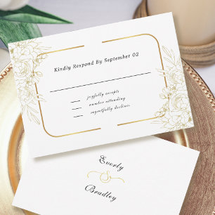 Carte Elégant blanc or floral Script cadre bordure RSVP