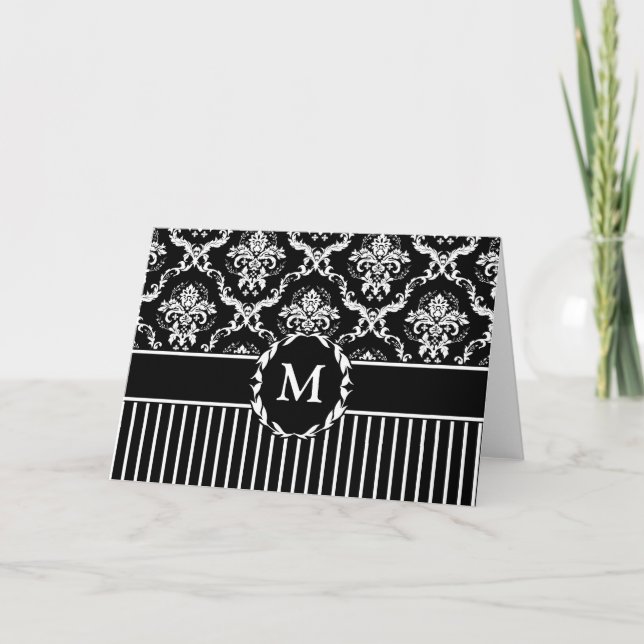 Carte Elégant blanc sur noir Damask (Devant)