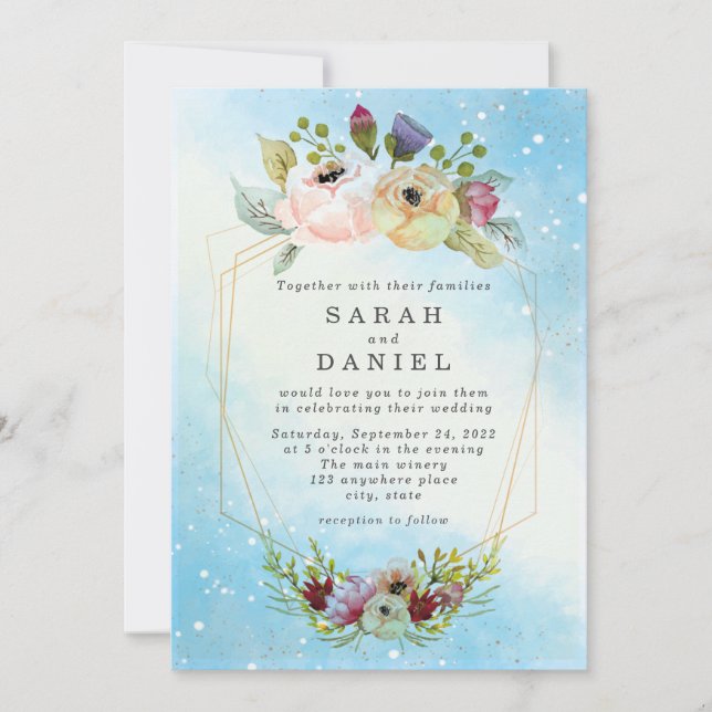 Carte Elégant bleu aquarelle Floral Mariage géométrique (Devant)