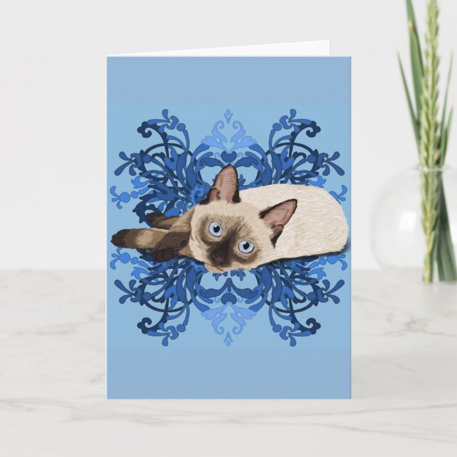 Carte Elégant bleu floral chat de Siamese jolie féline (Devant)