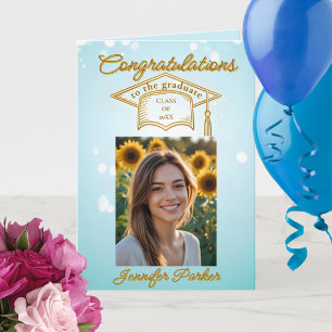 Carte Elégant Bleu Graduation avec Photo & Or Accents