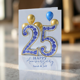 Carte Élégant Bleu Or Orné 25e Anniversaire de Mariage