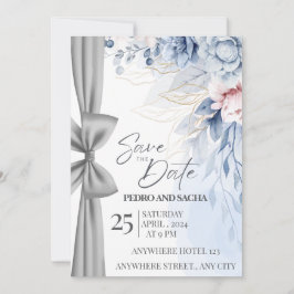 Carte Elegant Blue Floral Save The Date Card with Silver