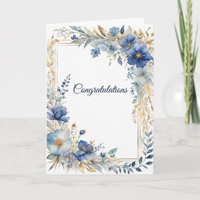Carte Elégant Blue Gold Floral Mariage Félicitations (Devant)