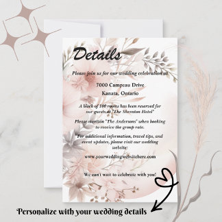 Carte Elegant Blush & Beige Boho Floral Détails Mariage