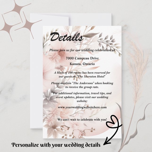 Carte Elegant Blush & Beige Boho Floral Détails Mariage (Set the tone for your romantic celebration with our elegant boho blush & beige wedding suite)