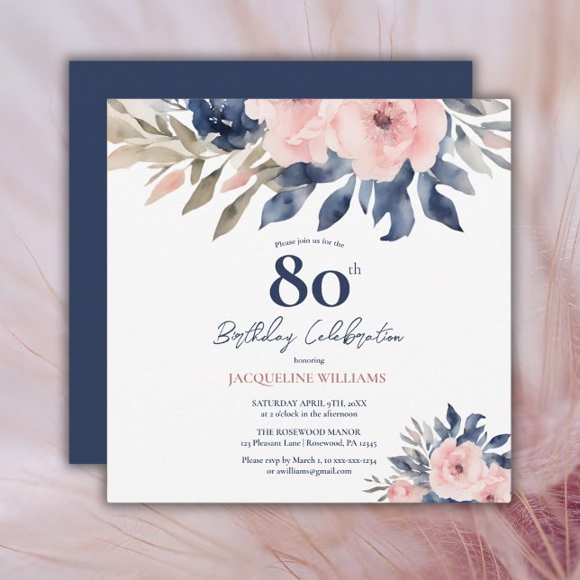 Carte Elégant Blush Pink Navy Blue Floral 80e anniversai (Créateur téléchargé)