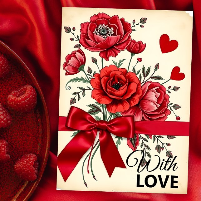 Carte Elégant Bouquet de Fleur Rouge avec Coeurs et Ruba (Créateur téléchargé)