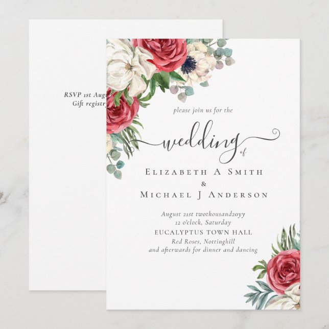 Carte Élégant budget Mariage rouge blanc bleu floral (Devant / Derrière)