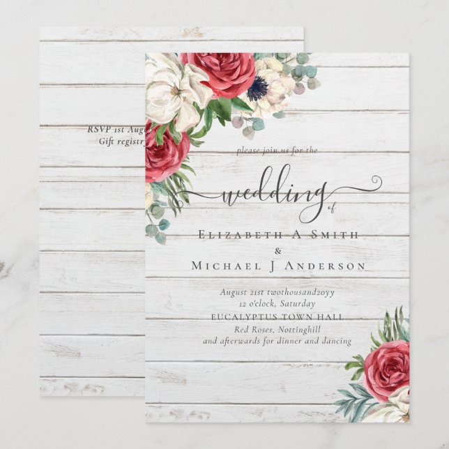 Carte Élégant budget Mariage rouge blanc bleu floral (Devant / Derrière)