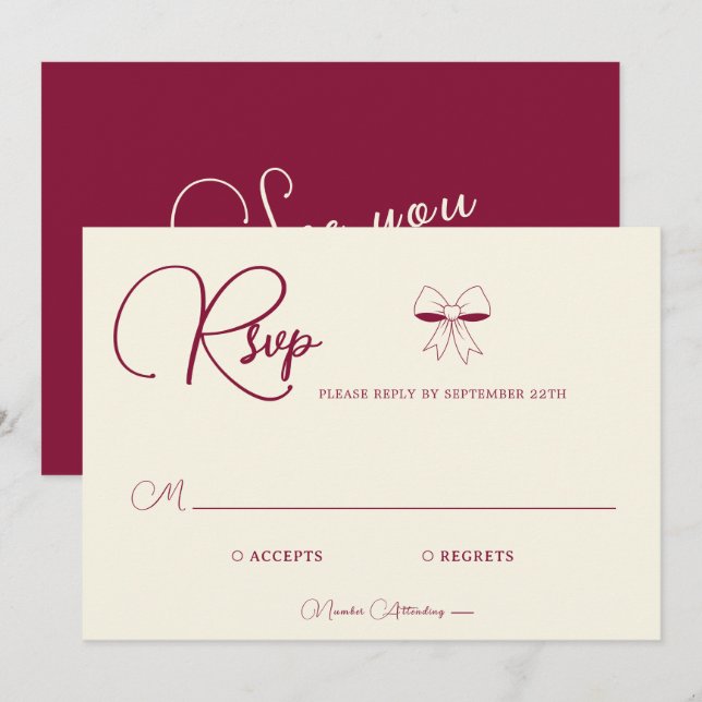 Carte Elegant Burgundy Cream Ivory Bow Wedding RSVP Card (Devant / Derrière)