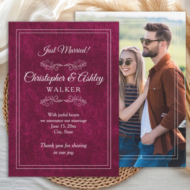 Carte Elegant Burgundy Velvet Wedding Photo Announcement (Burgundy/Berry wedding photo announcement)