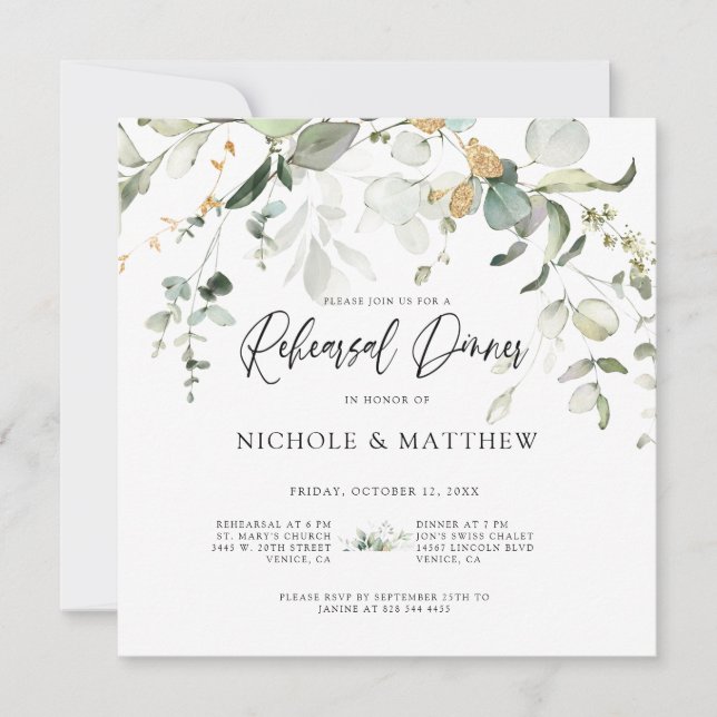 Carte Élégant Calligraphie Eucalyptus Reprendre Dîner De (Devant)