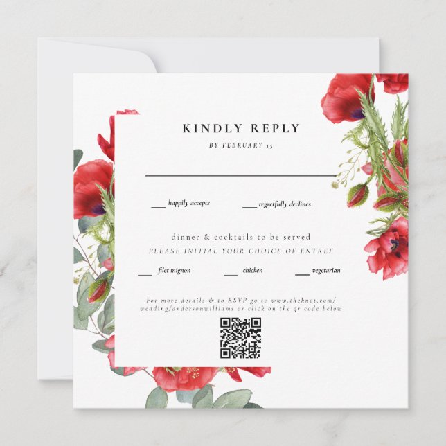 Carte Elégant Carré rouge Floral Mariage QR Code RSVP (Devant)