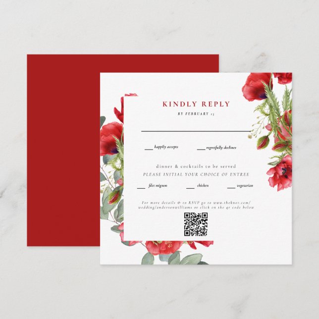 Carte Elégant Carré rouge Floral Mariage QR Code RSVP II (Devant / Derrière)
