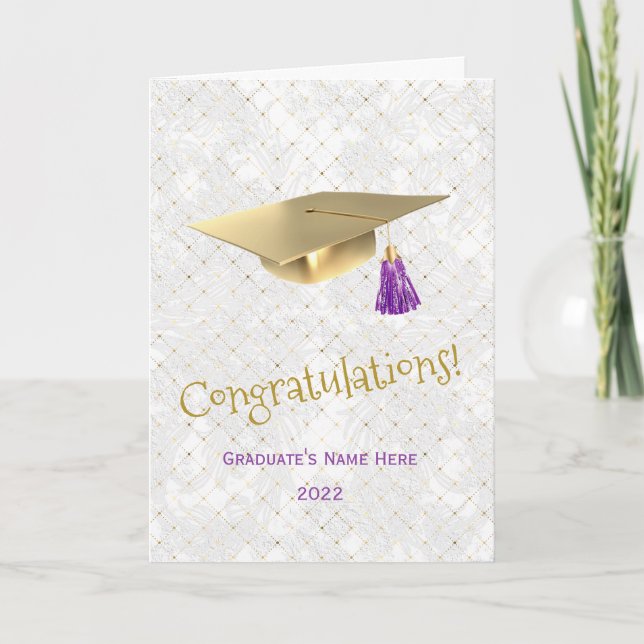 Carte Elégant Casquette d'or violet Félicitations Gradua (Devant)