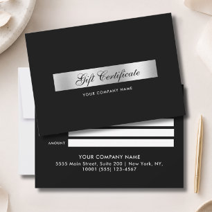 Carte Élégant Certificat Cadeau Argent Noir