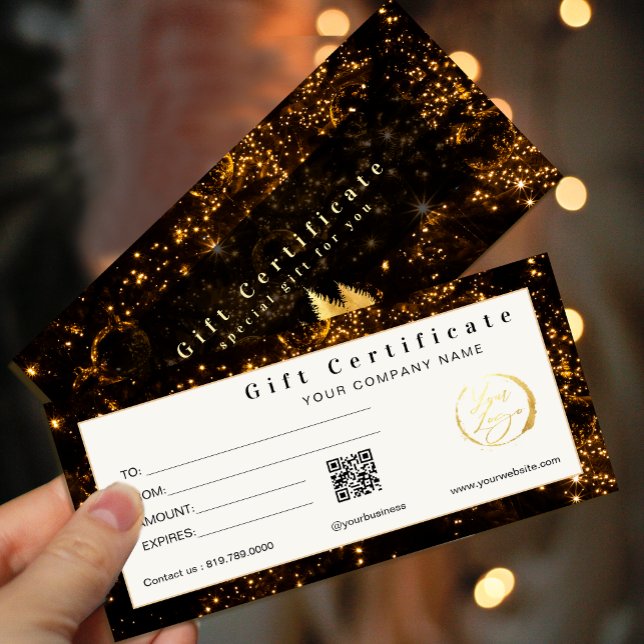 Carte Élégant certificat cadeau Black and Gold (Elegant Black and Gold Gift Certificate Cards #christmas #newyear #jounery #wintergiftcard #chick)