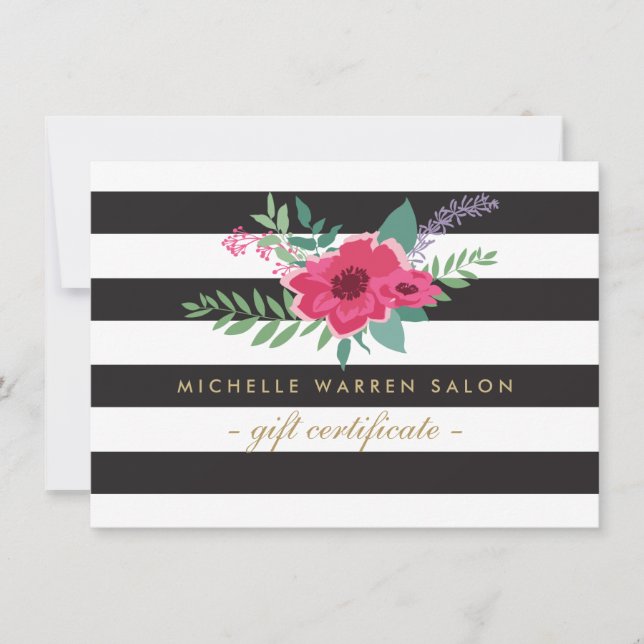 Carte Élégant certificat cadeau de salon rayé rose flora (Devant)