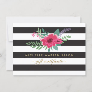 Carte Élégant certificat cadeau de salon rayé rose flora