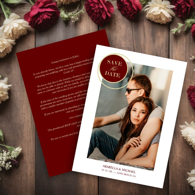 Carte Elegant Chic Gold Red Photo Sophisticated Wedding (Elegant Chic Gold Red Photo Sophisticated Wedding Save the date.)