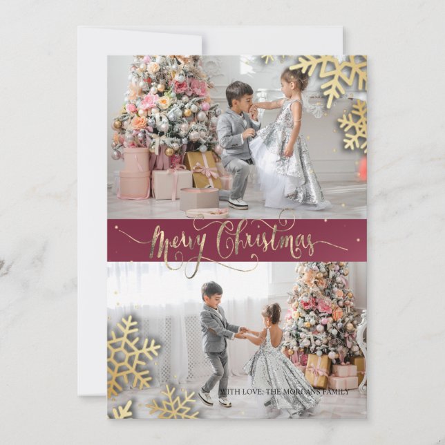 Carte Élégant Chic Gold Snowflakes Photo Joyeux Noël (Devant)