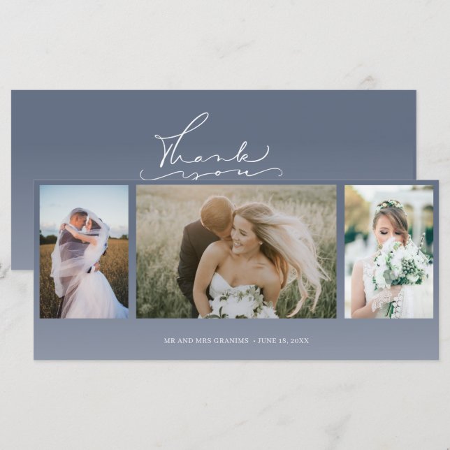 Carte Élégant Collage photo Mariage bleu Merci (Devant / Derrière)