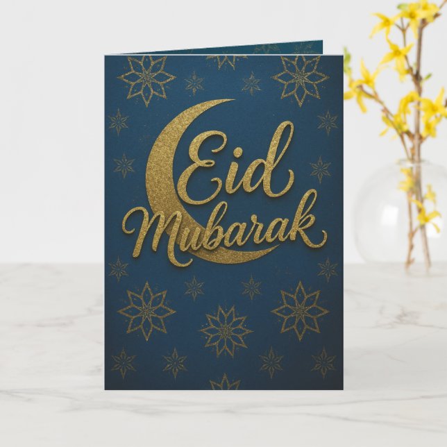 Carte Elégant Croissant d'Or Lune Aïd Moubarak Salutatio (Fleur jaune)