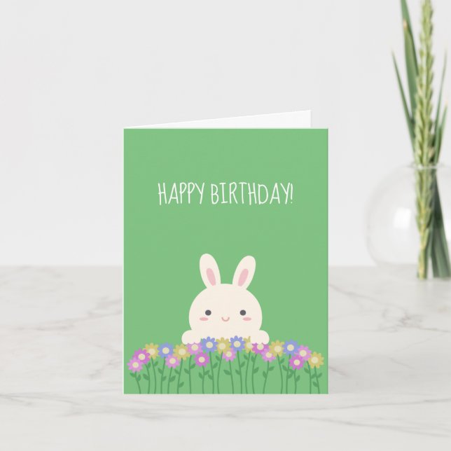 Carte Elégant Cute Kawaii Bunny & Fleurs Joyeux Annivers (Devant)