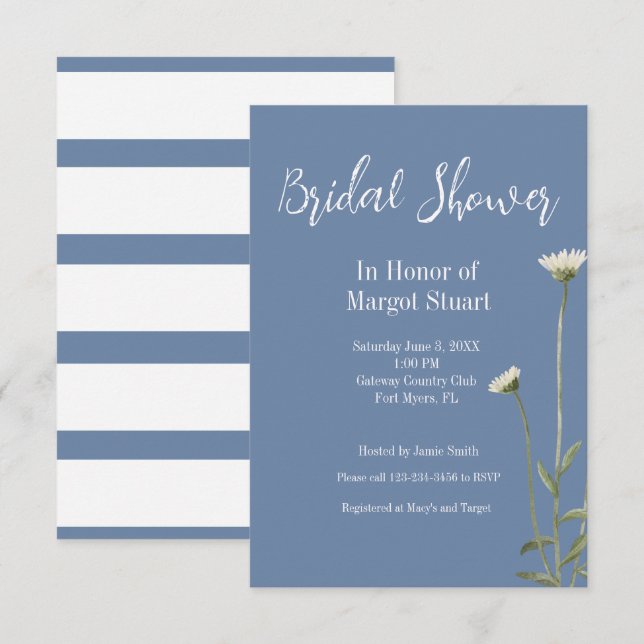 Carte Élégant Daisy Blue Gris Script Gris Gris Gratuit (Devant / Derrière)