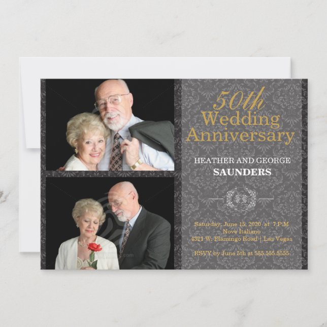 Carte Élégant Damas noir 50ème anniversaire de Mariage (Devant)
