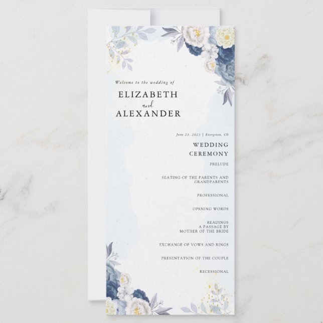 Carte Elégant Dusty Blue et Gold Floral Wedding Programm (Devant)